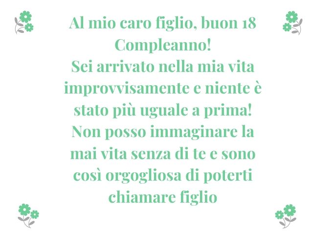 Al mio caro figlio, buon 18 Compleanno!Sei arrivato nella mia vita improvvisamente e niente è stato più uguale a prima!Non posso immaginare la mai vita senza di te e sono così orgogliosa di poterti chiamare figlio