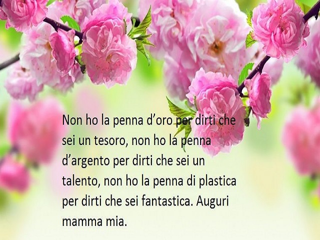Non ho la penna d'oro per dirti che sei un tesoro, non ho la penna d'argento per dirti che sei un talento, non ho la penna di plastica per dirti che sei fantastica. Auguri mamma mia.