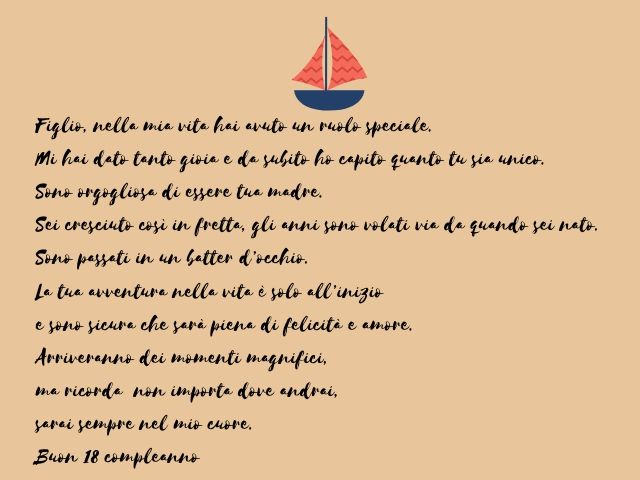 Figlio, nella mia vita hai avuto un ruolo speciale. Mi hai dato tanto gioia e da subito ho capito quanto tu sia unico. Sono orgogliosa di essere tua madre.Sei cresciuto così in fretta, gli anni sono volati via da quando sei nato. Sono passati in un batter