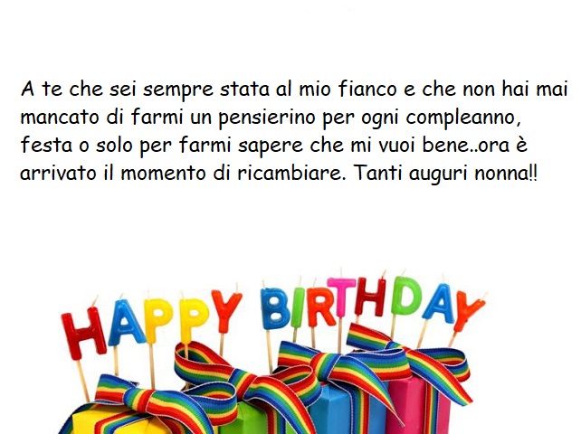A te che sei sempre stata al mio fianco e che non hai mai mancato di farmi un pensierino per ogni compleanno, festa o solo per farmi sapere che mi vuoi bene..ora è arrivato il momento di ricambiare. Tanti auguri nonna!!