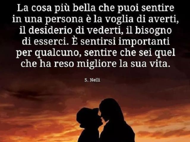 La cosa più bella che puoi sentire in una persona è la voglia di averti, il desiderio di vederti, il bisogno di esserci. È sentirsi importanti per qualcuno, sentire che sei quel che ha reso migliore la sua vita. (S. Nelli)