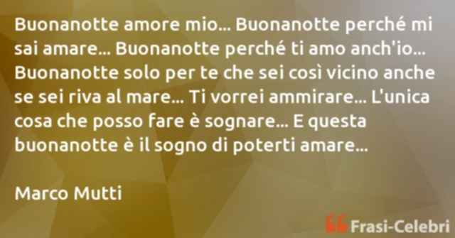 Buonanotte amore mio...Buonanotte perché sai amare..Buonanotte perché ti amo anch'io...Buonanotte solo per te che sei cosi vicino anche se sei riva al mare...Ti vorrei ammirare..L'unica cosa che posso fare è sognare...E questa buonanotte è il sogno di pot