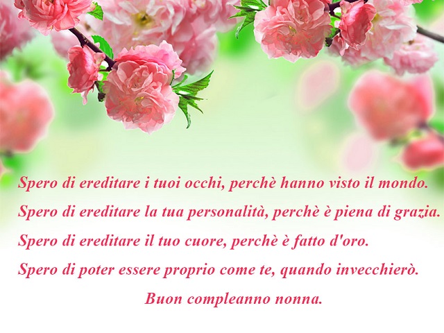 Spero di ereditare i tuoi occhi, perchè hanno visto il mondo.Spero di ereditare la tua personalità,perchè è piena di grazia. Spero di ereditare il tuo cuore, perchè è fatto d'oro. Spero di poter essere proprio come te, quando invecchierò. Buon compleanno 