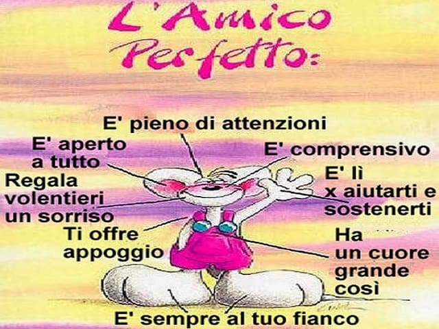 L'amico perfetto: è pieno di attenzioni, è aperto a tutto, regala volentieri un sorriso, ti offre appoggio, è sempre al tuo fianco, è comprensivo, è li per aiutarti e sostenerti, ha un cuore grande così.