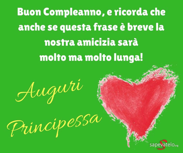 Buon compleanno, e ricorda che anche se questa frase è breve, la nostra amicizia sarà molto ma molto lunga! Auguri Principessa!