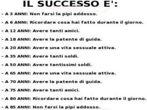 Il successo è:a 3 anni: non farsi la pipì addosso; a 6 anni: ricordare cosa hai fatto durante il giorno; a 12 anni: avere tanti amici; a 18 anni: avere la patente di guida; a 20 anni: avere una vita sessuale attiva; a 35 anni: avere tanti soldi; a 50 anni
