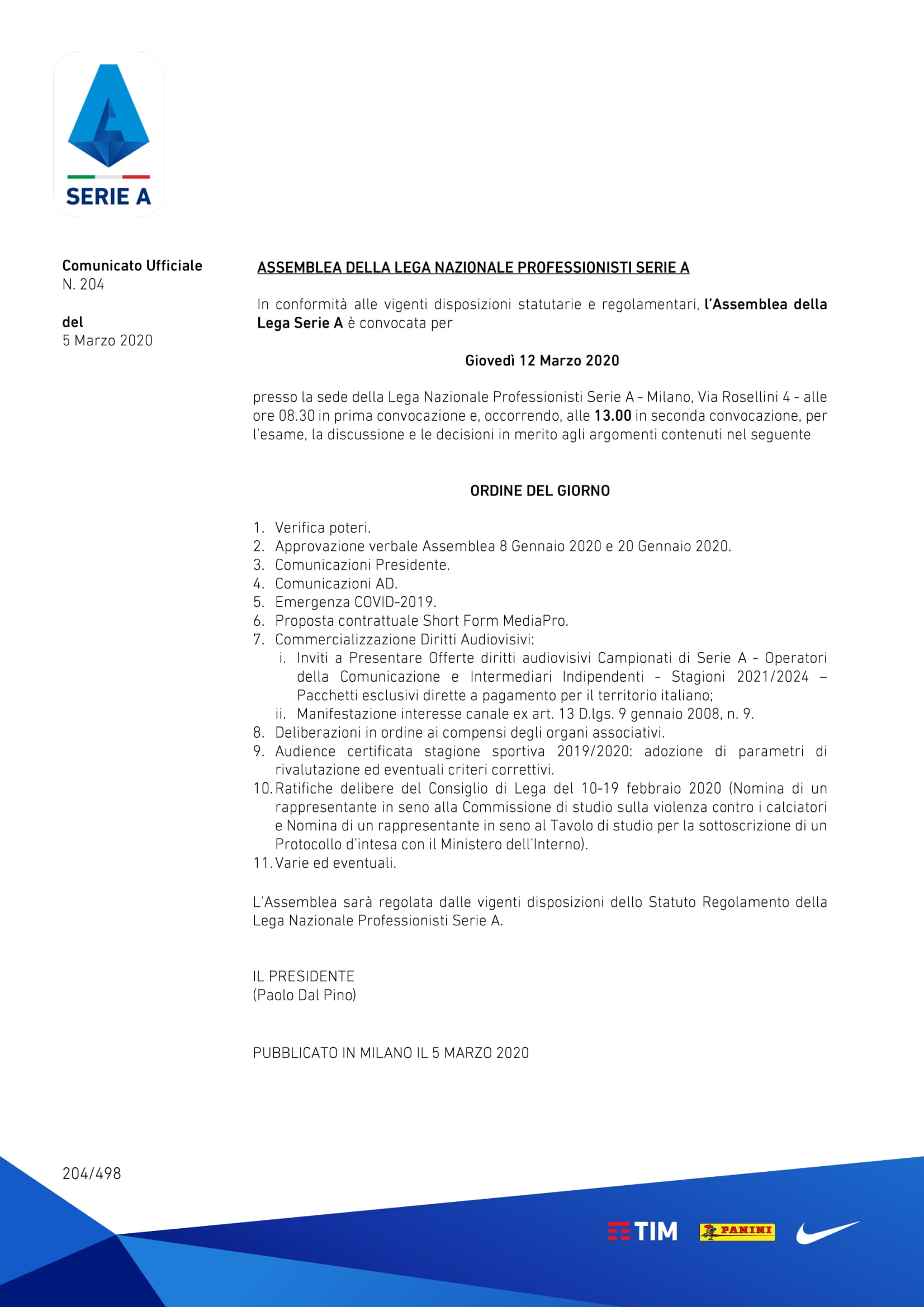 Comunicato Lega - Lega Serie A