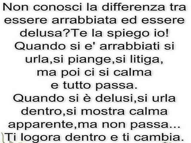 Non conosci la differenza tra essere arrabbiata ed essere delusa? Te la spiego io! Quando si è arrabbiati si urla, si piange, si litiga, ma poi ci si calma e tutto passa. Quando si è delusi si urla dentro, si mostra calma apparente, ma non passa...Logora 