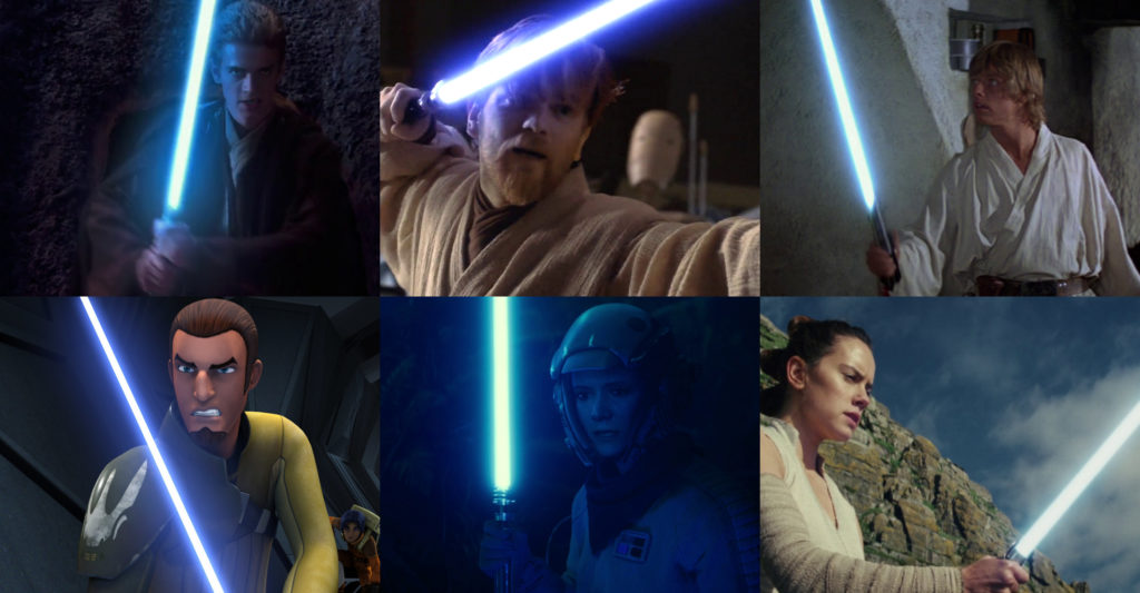 Alcuni personaggi con le loro spade laser blu