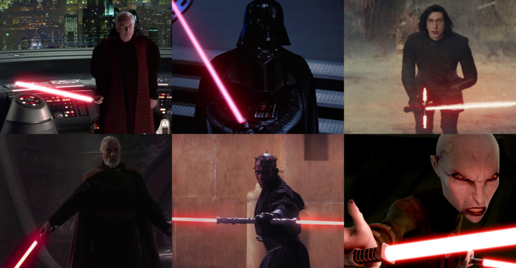 Vari personaggi con una spada laser rossa