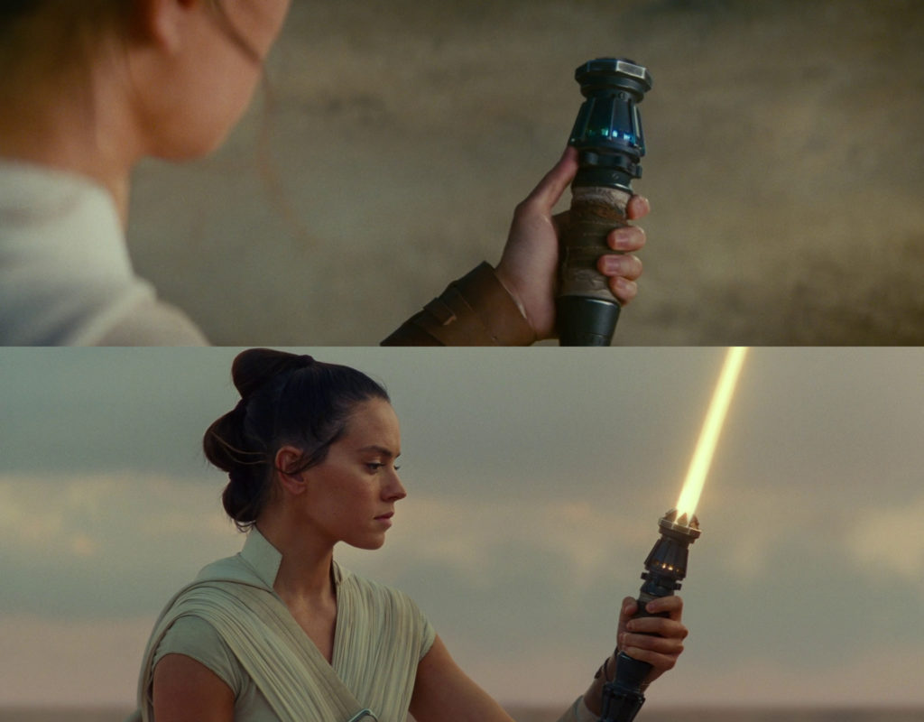Rey e la sua nuova spada laser dorata in The Rise of Skywalker
