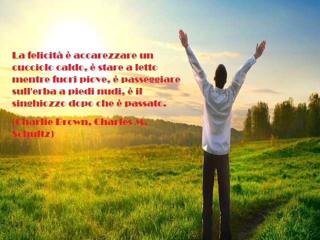 La felicità è accarezzare un cucciolo caldo, è stare a letto mentre fuori piove, è passeggiare sull'erba a piedi nudi, è il singhiozzo dopo che è passato. (Charlie Brown, Charles M. Schultz)