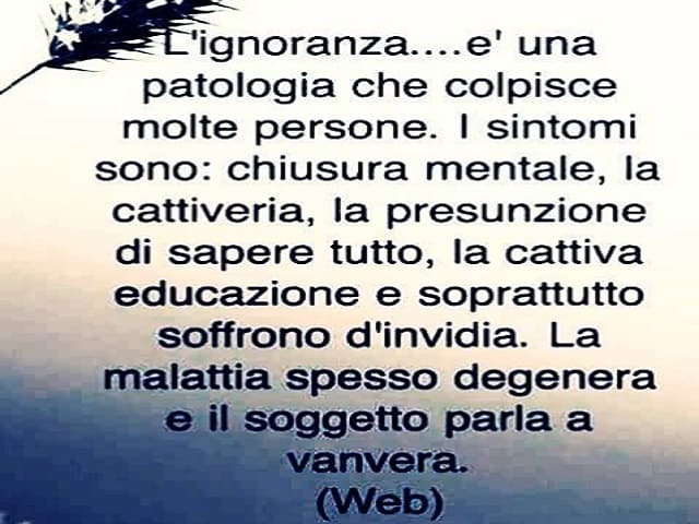 L'ignoranza...è una patologia che colpisce molte persone. I sintomi sono: chiusura mentale, la cattiveria, la presunzione di sapere tutto, la cattiva educazione e soprattutto soffrono d'invidia. La malattia spesso degenera e il soggetto parla a vanvera. (