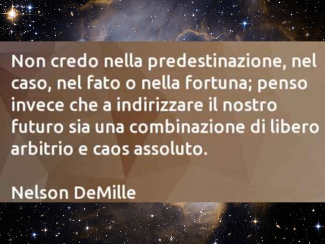 Non credo nella predestinazione, nel caso, nel fato o nella fortuna, penso invece che a indirizzare il nostro futuro sia una combinazione di libero arbitrio e caos assoluto(Nelson DeMille)