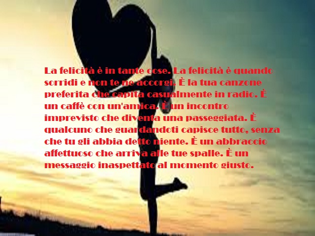 La felicità è in tante cose. La felicità è quando sorridi e non te ne accorgi. È la tua canzone preferita che capita casualmente in radio. È un caffè con un'amica. È un incontro imprevisto che diventa una passeggiata. È qualcuno che guardandoti capisce tu
