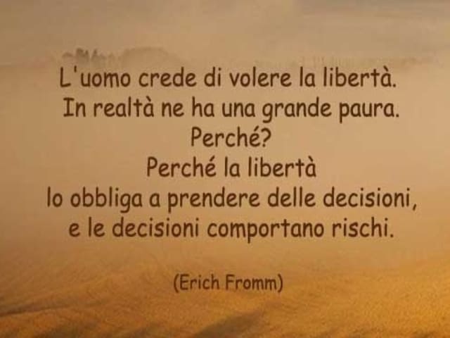 L'uomo crede di volere la libertà. In realtà ne ha una grande paura. Perché? Perché la libertà lo obbliga a prendere delle decisioni e le decisioni comportano rischi.(Erich Fromm)