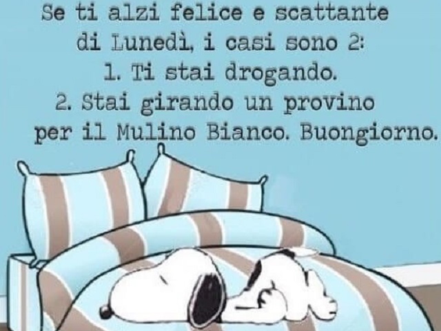 Se ti alzi felice e scattante di lunedì, i casi sono 2: 1. Ti stai drogando. 2. Stai girando un provino per il Mulino Bianco. Buongiorno.
