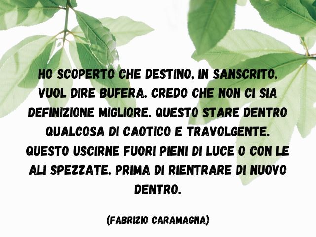 Ho scoperto che destino, in sanscrito, vuol dire bufera. Credo che non ci sia definizione migliore. Questo stare dentro qualcosa di caotico e travolgente. Questo uscirne fuori pieni di luce o con le ali spezzate. Prima di rientrare di nuovo dentro. (Fabri