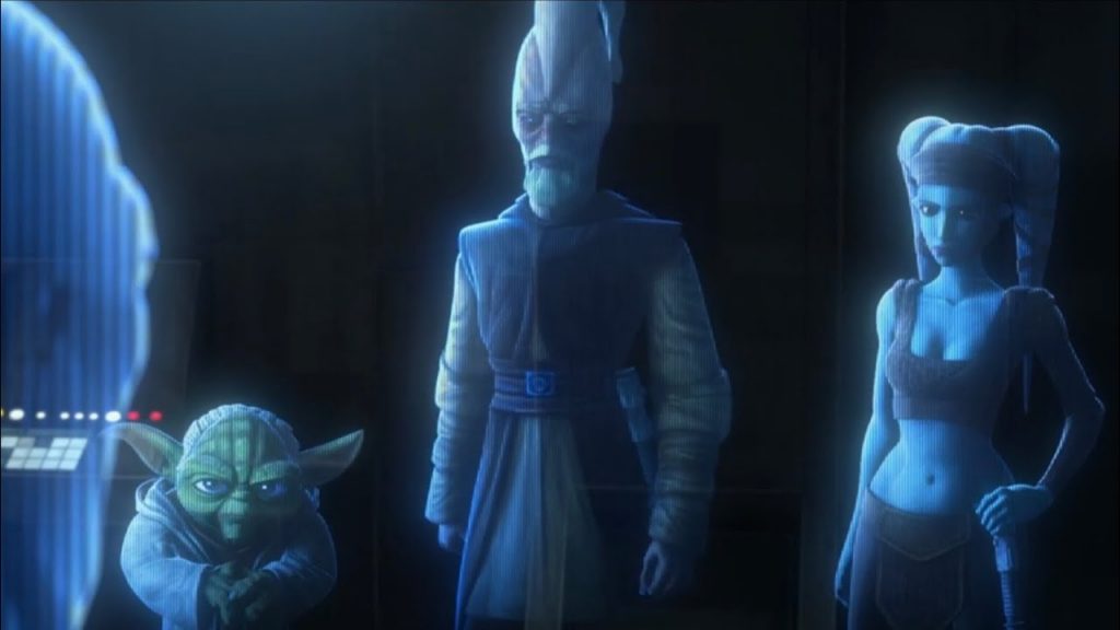 gli ologrammi di Windu, Yoda, Ki-Adi-Mundi e Aayla Secura