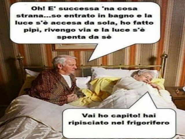 "Oh! È successa 'na cosa strana: so' entrato in bagno e la luce s'è accesa da sola, ho fatto pipì, rivengo via e la luce s'è spenta da sé.""Vai, ho capito! Hai ripisciato nel frigorifero!"