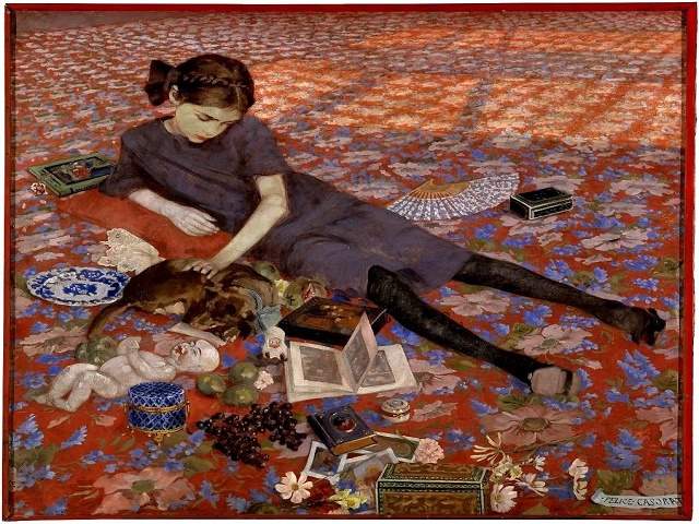 Felice Casorati, "Bambina che gioca su tappeto rosso", 1912