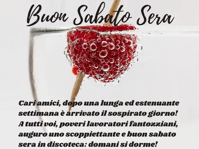 Buon sabato sera. Cari amici, dopo una lunga ed estenuante settimana è arrivato il sospirato giorno! A tutti voi, poveri lavoratori fantozziani, auguro uno scoppiettante e buon sabato sera in discoteca: domani si dorme!