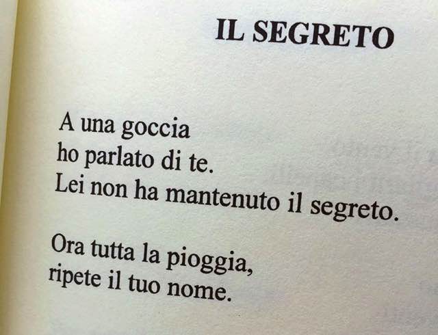 A una goccia ho parlato di te. Lei non ha mantenuto il segreto. Ora tutta la pioggia, ripete il tuo nome.