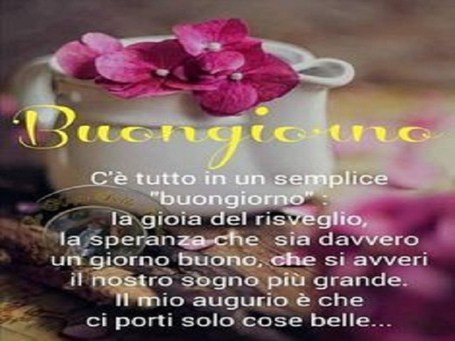 C'è tutto in un semplice Buongiorno: la gioia del risveglio, la speranza che sia davvero un giorno buono, che si avveri il nostro sogno più grande. Il mio augurio è che ci porti solo cose belle...