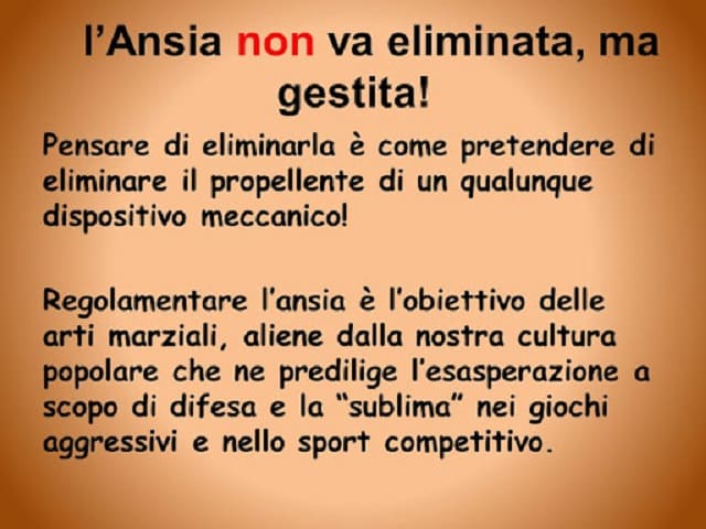 L'ansia non va eliminata, ma gestita! Pensare di eliminarla è come pretendere di eliminare il propellente di un qualunque dispositivo meccanico! Regolamentare l'ansia è l'obiettivo delle arti marziali, aliene dalla nostra cultura popolare che ne predilige