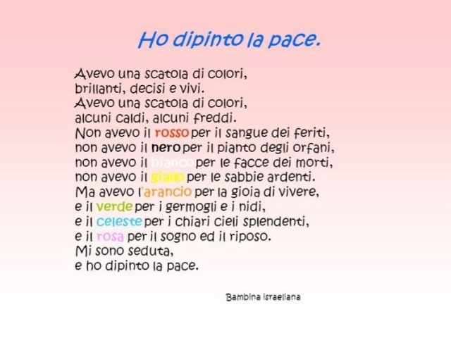 Avevo una scatola di colori, brillanti, decisi e vivi. Avevo una scatola di colori, alcuni caldi, alcuni freddi. Non avevo il rosso per il sangue dei feriti, non avevo il nero per il pianto degli orfani, non avevo il bianco per le facce dei morti, non ave