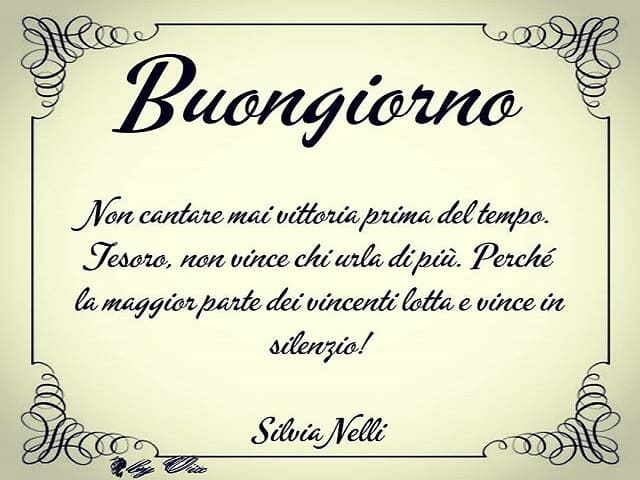 Buongiorno. Non cantare mai vittoria prima del tempo. Tesoro, non vince chi urla di più. Perché la maggior parte dei vincenti lotta e vince in silenzio! (Silvia Nelli)