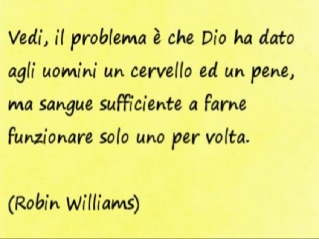 Vedi, il problema è che Dio ha dato agli uomini un cervello ed un pene, ma sangue sufficiente a farne funzionare solo uno per volta.(Robin Williams)