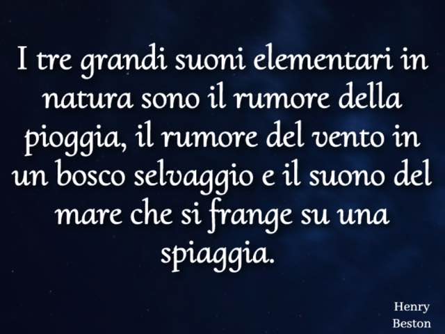 I tre grandi suoni elementari in natura sono il rumore della pioggia, il rumore del vento in un bosco selvaggio e il suono del mare che si frange su una spiaggia. (Henry Beston)