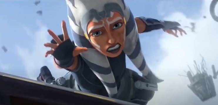 Ahsoka si aggrappa alla navetta mentre lo Star Destroyer precipita.©  Disney