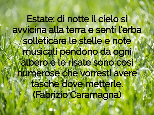 Estate: di notte il cielo si avvicina alla terra e senti l’erba solleticare le stelle e note musicali pendono da ogni albero e le risate sono così numerose che vorresti avere tasche dove metterle.(Fabrizio Caramagna)
