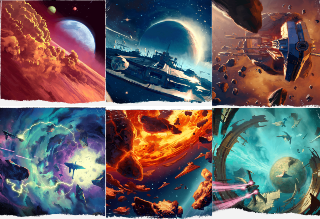 In Ordine da sinistra a destra, dall'alto Yavin Prime, Essel, Nadiri, L'Abisso di Zavian, Galitan e Sissubo