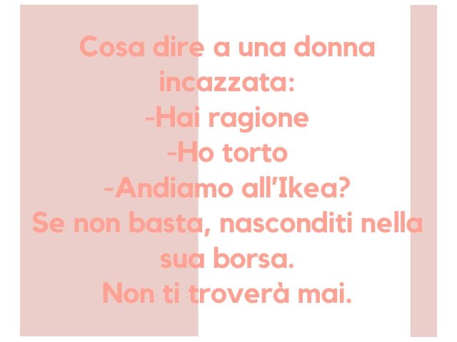 Cosa dire a una donna incazzata:-Hai ragione-Ho torto-Andiamo all’Ikea?Se non basta, nasconditi nella sua borsa.Non ti troverà mai.