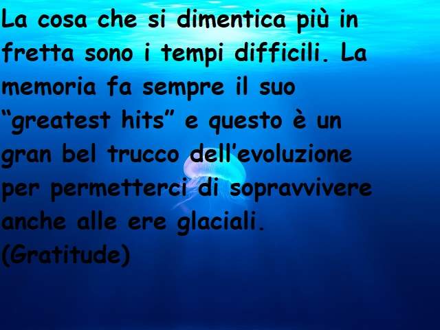 La cosa che si dimentica più in fretta sono i tempi difficili. La memoria fa sempre il suo “greatest hits” e questo è un gran bel trucco dell’evoluzione per permetterci di sopravvivere anche alle ere glaciali.(Gratitude)