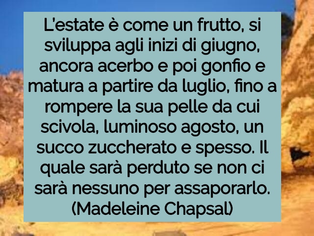 L’estate è come un frutto, si sviluppa agli inizi di giugno, ancora acerbo e poi gonfio e matura a partire da luglio, fino a rompere la sua pelle da cui scivola, luminoso agosto, un succo zuccherato e spesso. Il quale sarà perduto se non ci sarà nessuno p
