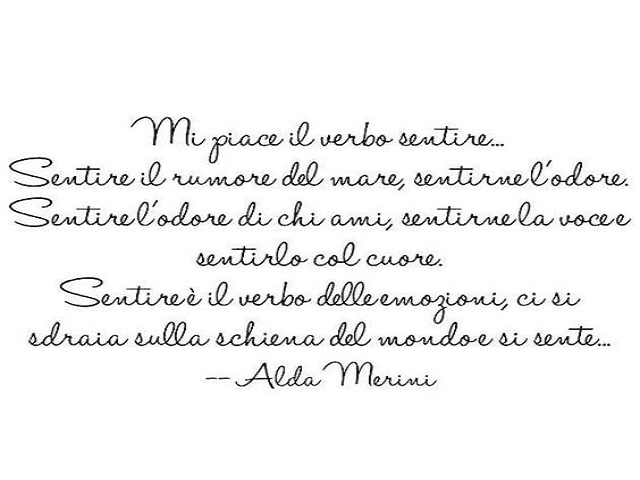 Mi piace il verbo sentire. Sentire il rumore del mare, sentirne l'odore. Sentire l'odore di chi ami, sentirne la voce e sentirlo col cuore. Sentire è il verbo delle emozioni, ci si sdraia sulla schiena del mondo e si sente.