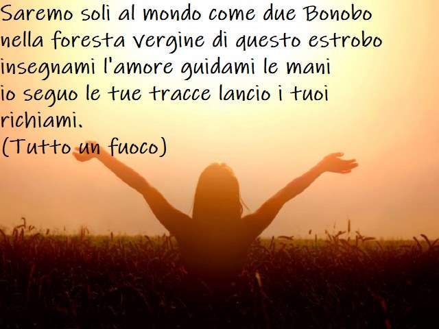 Saremo soli al mondo come due Bonobonella foresta vergine di questo estroboinsegnami l'amore guidami le maniio seguo le tue tracce lancio i tuoi richiami.(Tutto un fuoco)