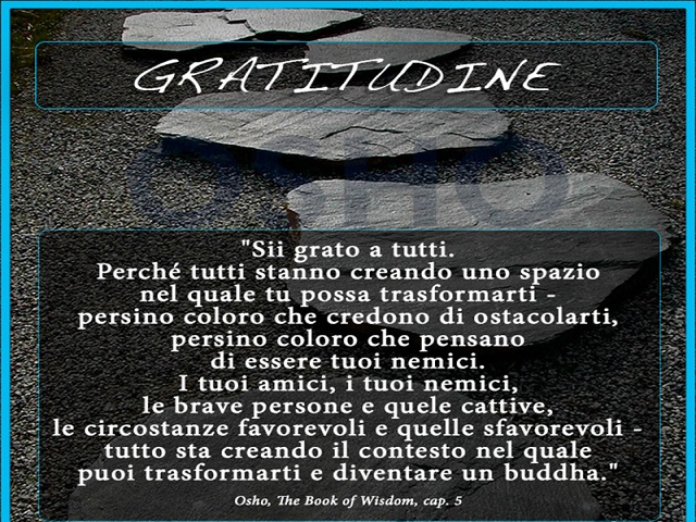 Sii grato a tutti. Perché tutti stanno creando uno spazio nel quale tu possa trasformarti - persino coloro che credono di ostacolarti, persino coloro che pensano di essere tuoi nemici. I tuoi amici, i tuoi nemici, le brave persone e quelle cattive, le cir