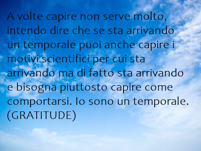 A volte capire non serve molto, intendo dire che se sta arrivando un temporale puoi anche capire i motivi scientifici per cui sta arrivando ma di fatto sta arrivando e bisogna piuttosto capire come comportarsi. Io sono un temporale.(Gratitude)