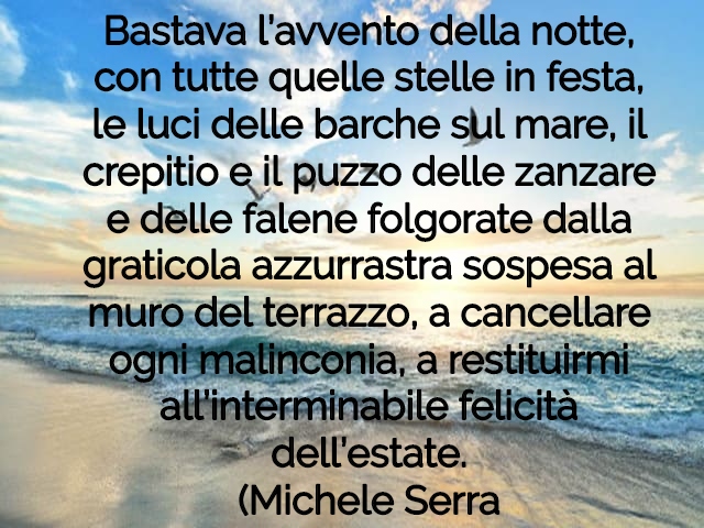 Bastava l’avvento della notte, con tutte quelle stelle in festa, le luci delle barche sul mare, il crepitio e il puzzo delle zanzare e delle falene folgorate dalla graticola azzurrastra sospesa al muro del terrazzo, a cancellare ogni malinconia, a restitu
