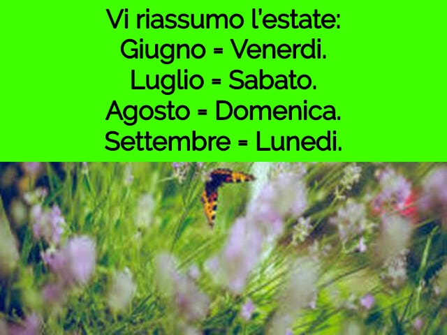 Vi riassumo l’estate:Giugno = VenerdìLuglio = SabatoAgosto = DomenicaSettembre = Lunedì