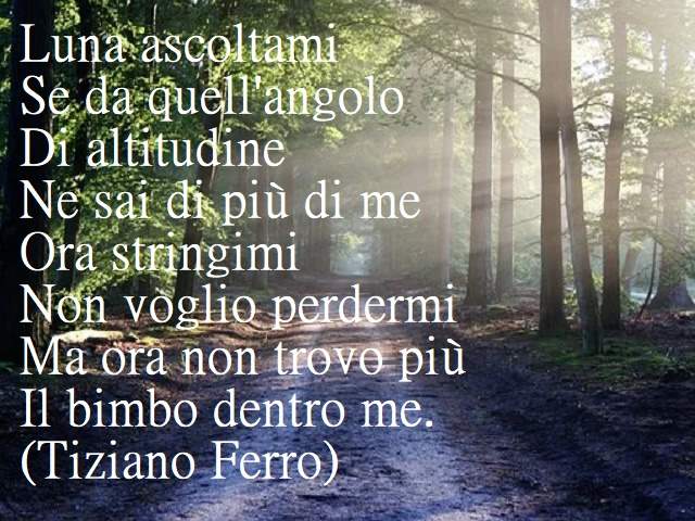 Luna ascoltamiSe da quell'angoloDi altitudineNe sai di più di meOra stringimiNon voglio perdermiMa ora non trovo piùIl bimbo dentro me.(Tiziano Ferro)