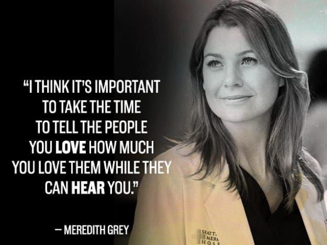 I think it's important to take the time to tell the people you love how much you love them while they can hear you. (Meredith Grey) (Penso sia importante prendersi del tempo per dire alle persone che ami quanto le ami finché possono ascoltarti)