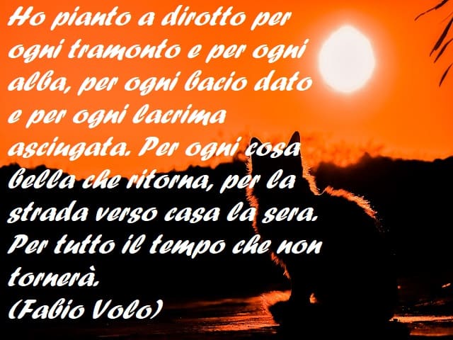 Ho pianto a dirotto per ogni tramonto e per ogni alba, per ogni bacio dato e per ogni lacrima asciugata. Per ogni cosa bella che ritorna, per la strada verso casa la sera. Per tutto il tempo che non tornerò. (Fabio Volo)