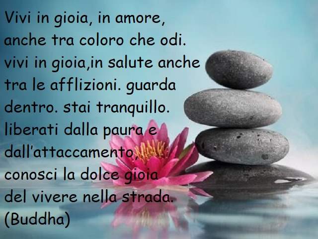 Vivi in gioia, in amore, anche tra coloro che odi. Vivi in gioia, in salute anche tra le afflizioni. Guarda dentro. Stai tranquillo. Liberati dalla paura e dall’attaccamento, conosci la dolce gioia del vivere nella strada.(Buddha)