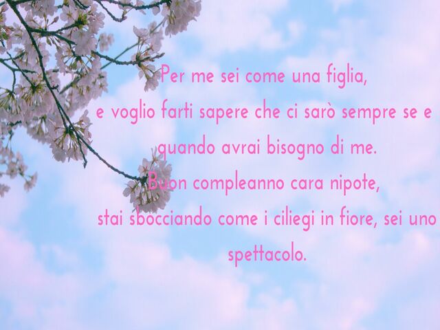 Per me sei come una figlia, e voglio farti sapere che ci sarò sempre se e quando avrai bisogno di me. Buon compleanno cara nipote, stai sbocciando come i ciliegi in fiore, sei uno spettacolo.